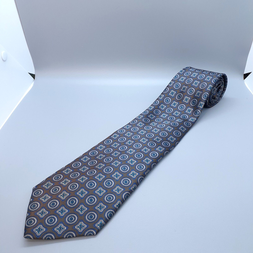 Geoffrey Beene Silk Blend Tie Silver Brown Blue Geometric USA Necktie 58 x 4 EUC